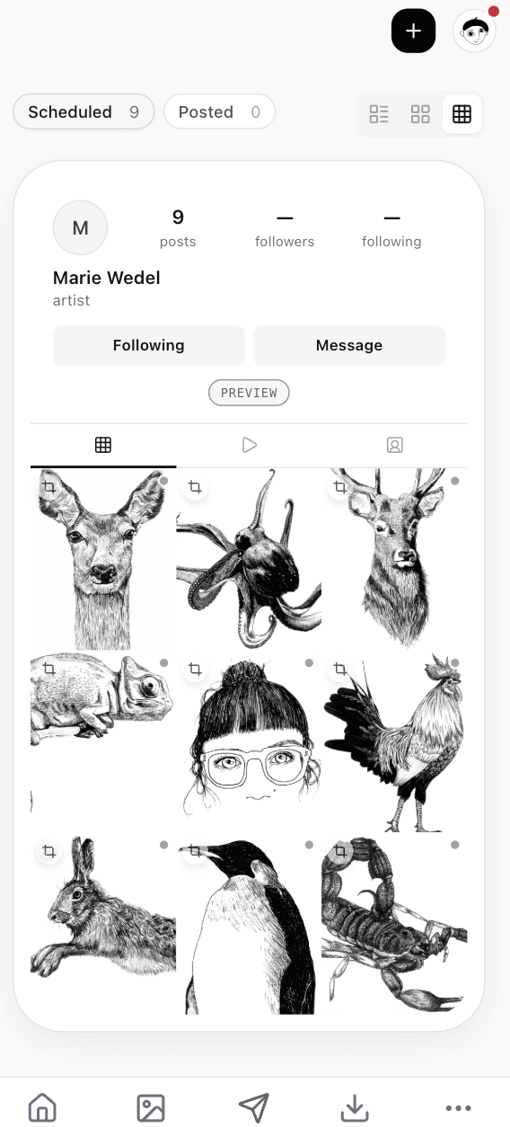 Pablito mobile app showing the artist's scheduled Instagram feed